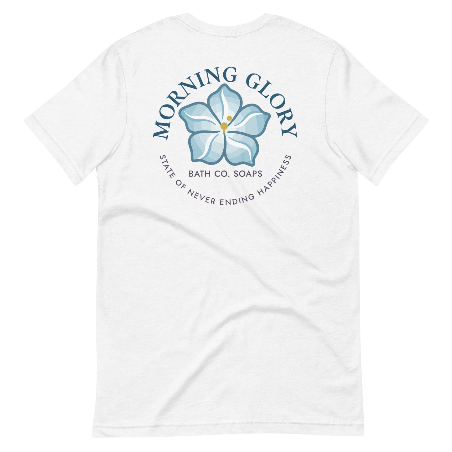 Solid White Blend Morning Glory t-shirt with small sun logo front and large flower graphic back