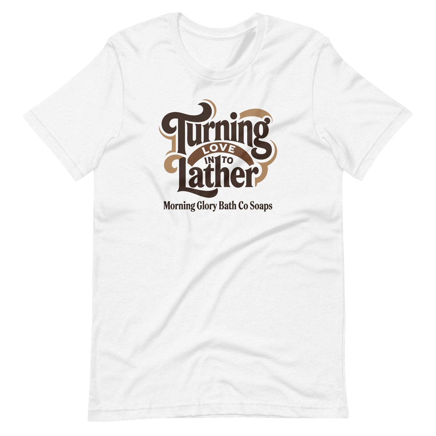 Solid White Blend t-shirt with retro 'Turning Love Into Lather' brown and tan logo