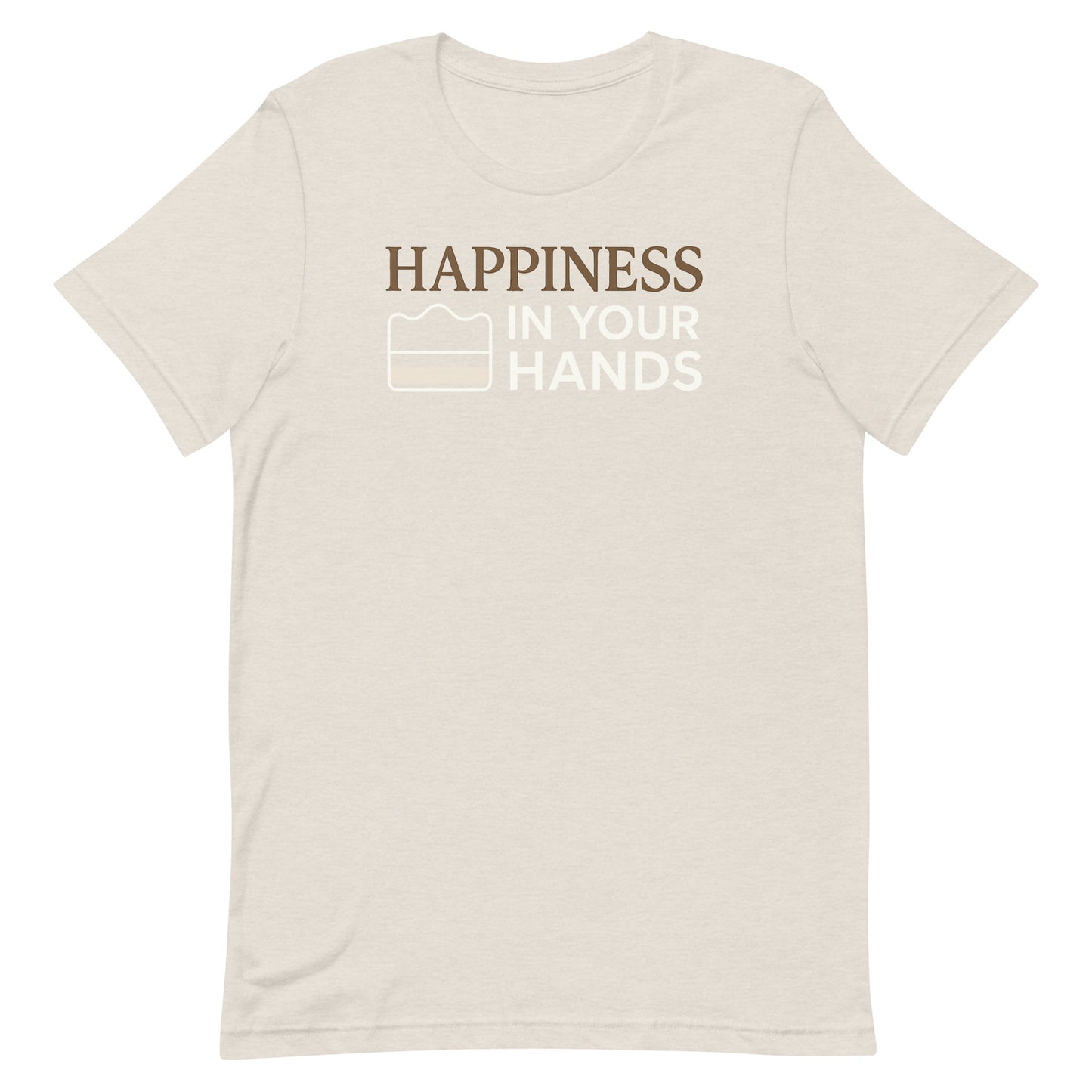 A heather dust Morning Glory Bath Co t-shirt featuring the 'Happiness in Your Hands' graphic against a plain white background