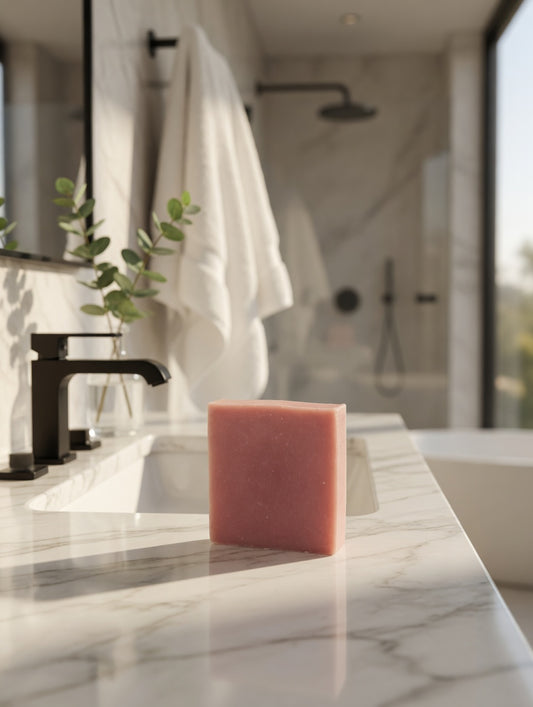 Pink peony soap on marble bathroom countertop, sun shining in through window