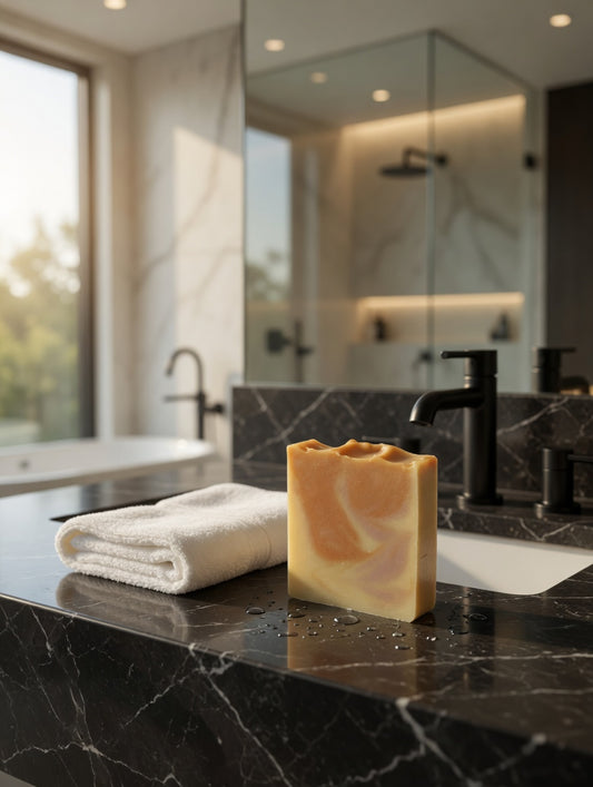 Morning glory papaya mango soap on counter top of modern bathroom