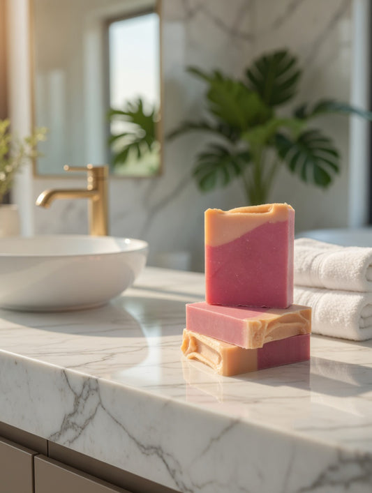 Peach and magenta layered Apricot Freesia cold process soap bar on a marble vanity with gold fixtures