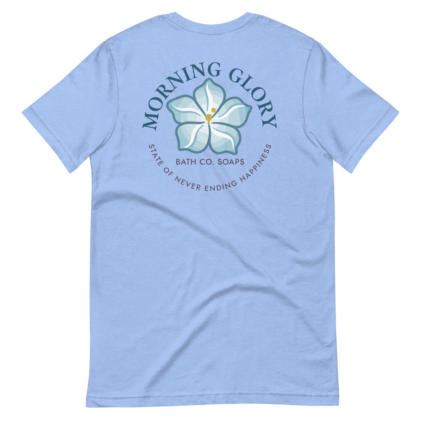 Back Heather Carolina Blue Morning Glory t-shirt with small sun logo front and large flower graphic back