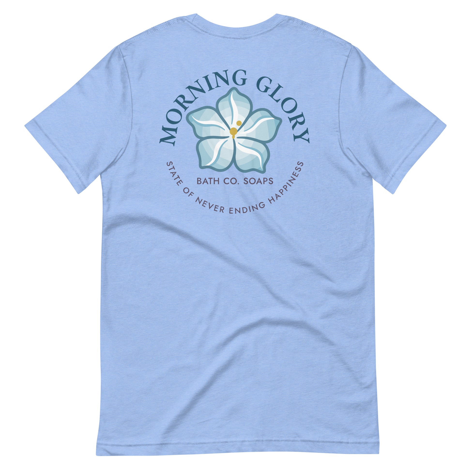 Back Heather Carolina Blue Morning Glory t-shirt with small sun logo front and large flower graphic back