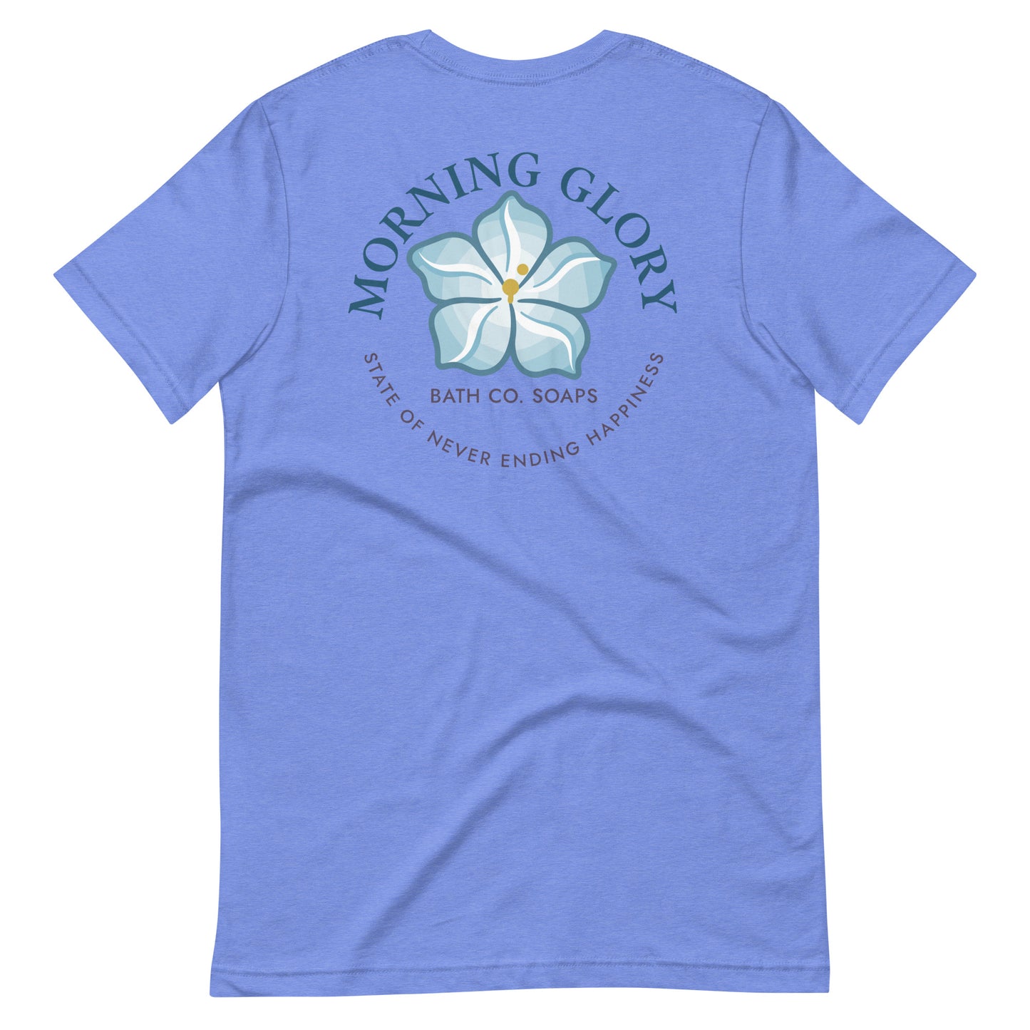 Back Heather Columbia Blue Morning Glory t-shirt with small sun logo front and large flower graphic back