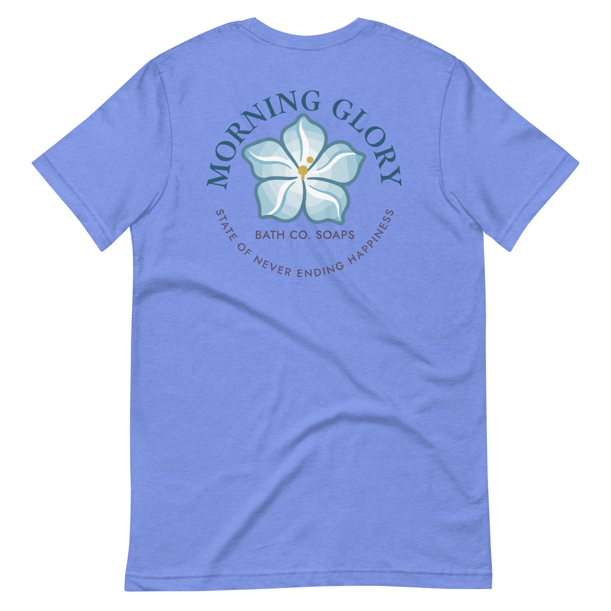 Back Heather Columbia Blue Morning Glory t-shirt with small sun logo front and large flower graphic back