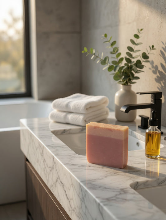 Berry Blossom cold process soap bar with pink and cream layers on a white marble sink in a bright bathroom