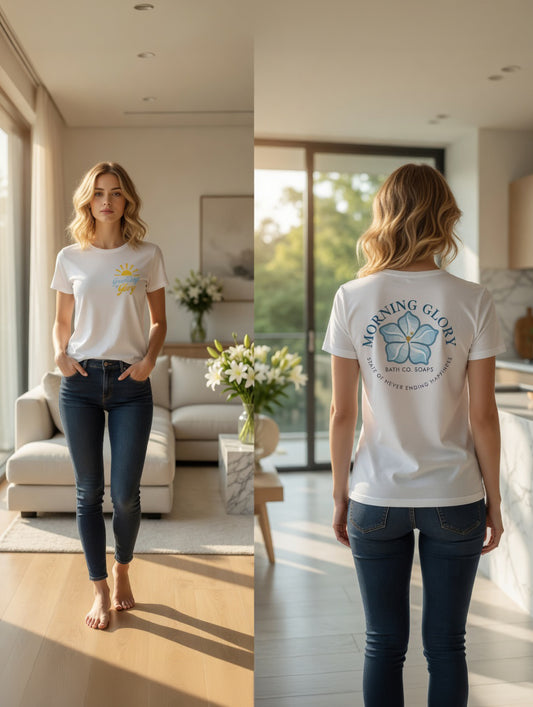Front and back, blonde woman, modern apartment, solid White Blend Morning Glory t-shirt with small sun logo front and large flower graphic back