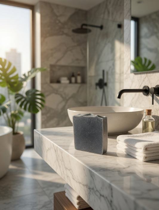 Deep blue Blueberry Jam Morning Glory soap bar sitting on a white marble sink in a bright modern bathroom