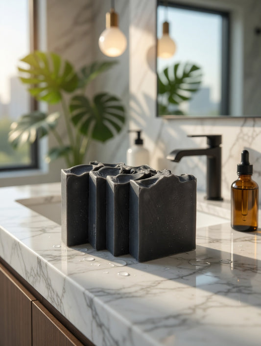 Dark grey Charcoal Peppermint Tea Tree soap bars with textured tops on a white marble bathroom counter