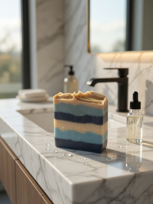 Blue, navy, and gold layered Chargers cold process soap bar on a white marble sink with water droplets