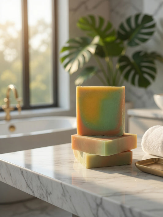 Stacked green and orange Coconut Citrus Sorbet soap bars on a marble counter in a bright bathroom