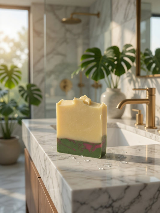 Cream and dark green layered Coconut Mango soap bar on a marble sink with gold faucet and water droplets