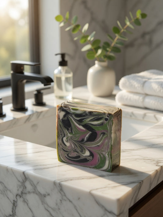 Intricately swirled green, purple, and black Fern & Acai cold process soap bar on a white marble counter