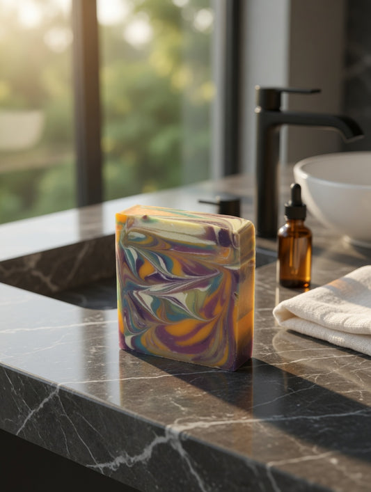 Multicolor marbled Flower Child cold process soap bar on a dark marble bathroom counter