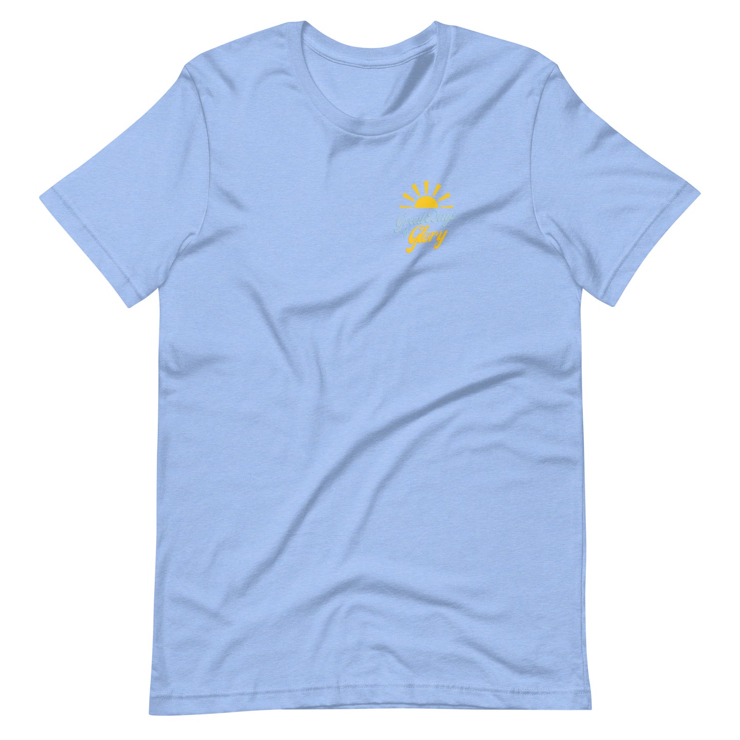 front Heather Carolina Blue Morning Glory t-shirt with small sun logo front and large flower graphic back