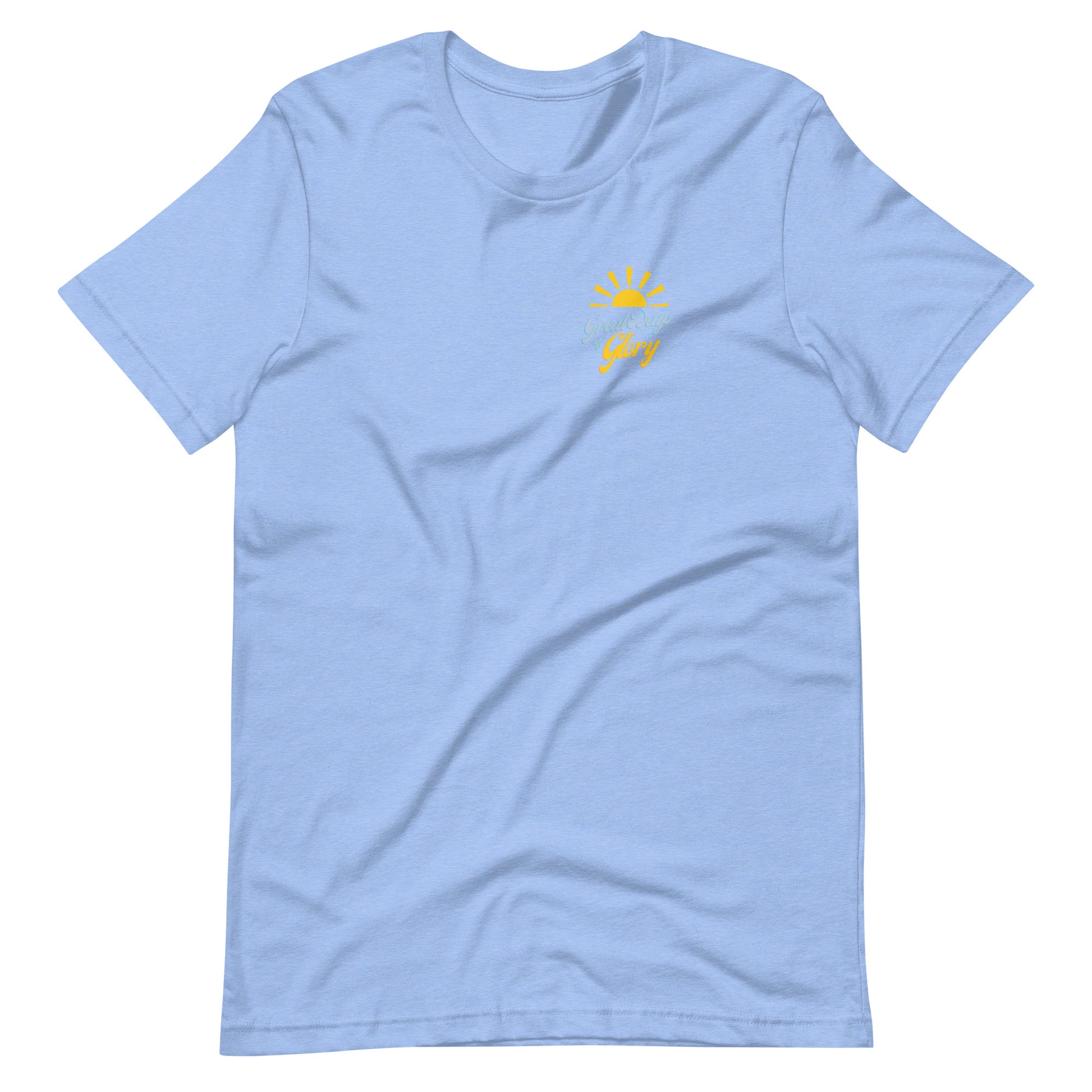 front Heather Carolina Blue Morning Glory t-shirt with small sun logo front and large flower graphic back