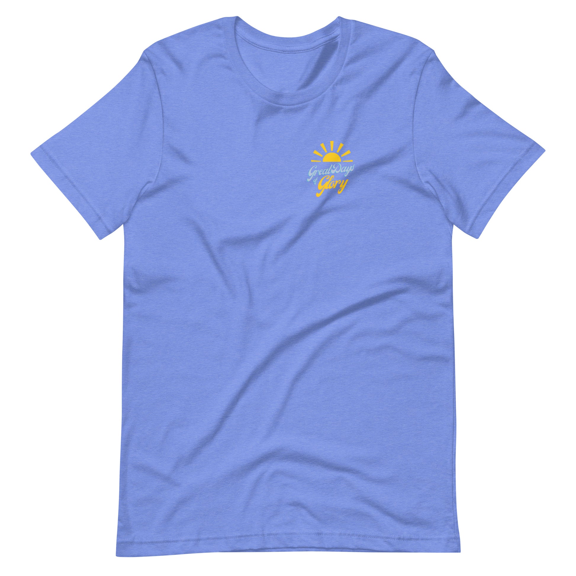 front Heather Columbia Blue Morning Glory t-shirt with small sun logo front and large flower graphic back