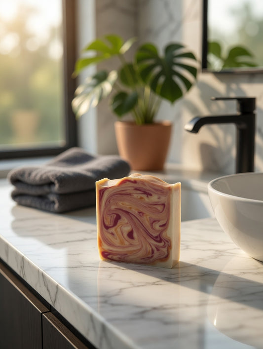 Fuzzy Peach cold process soap bar with pink and orange swirls on a marble counter next to a potted plant