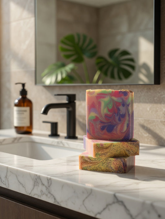 Stacked Garden Party soap bars with vibrant multicolor floral swirls on a marble counter next to a black faucet