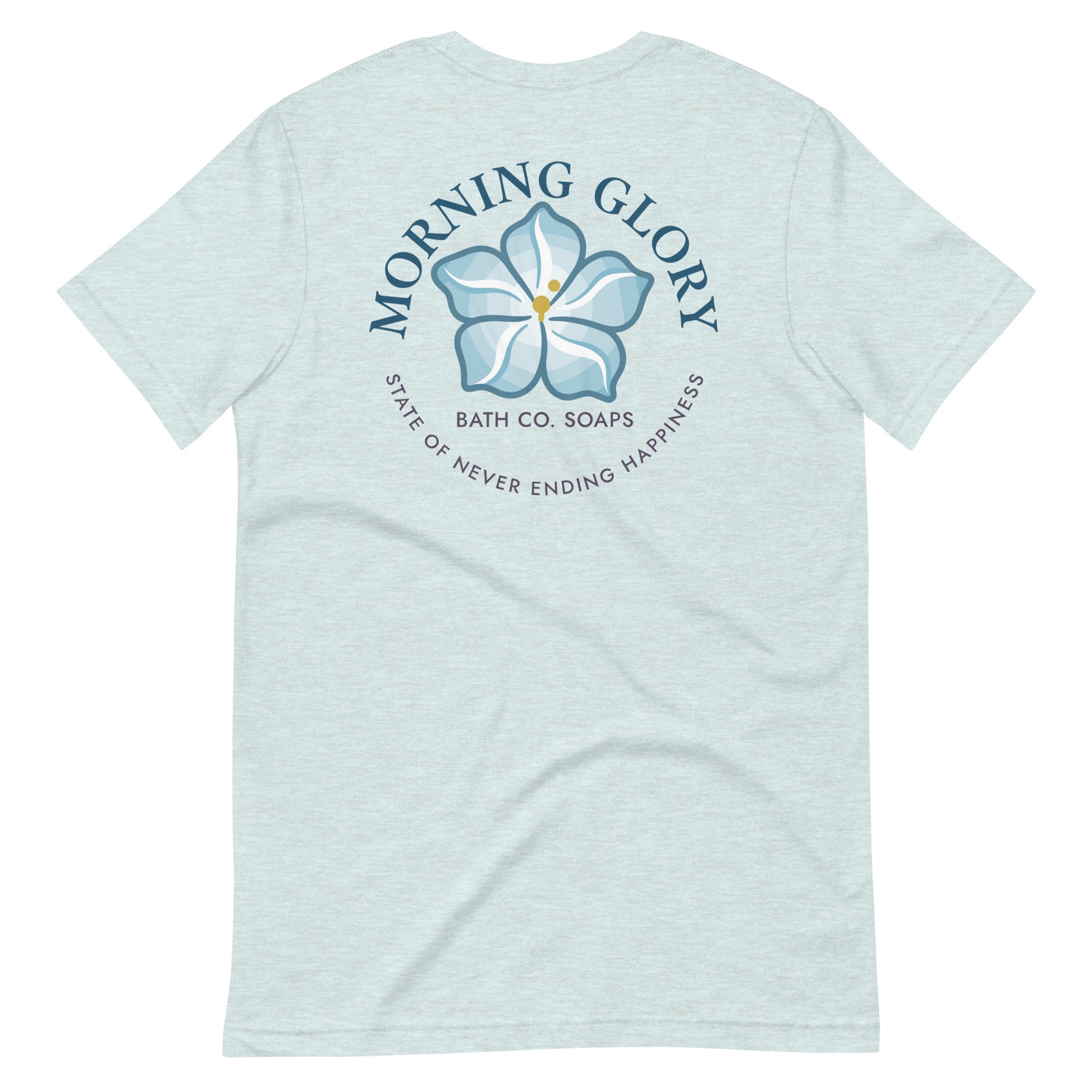 Heather Prism Ice Blue Morning Glory t-shirt with small sun logo front and large flower graphic back