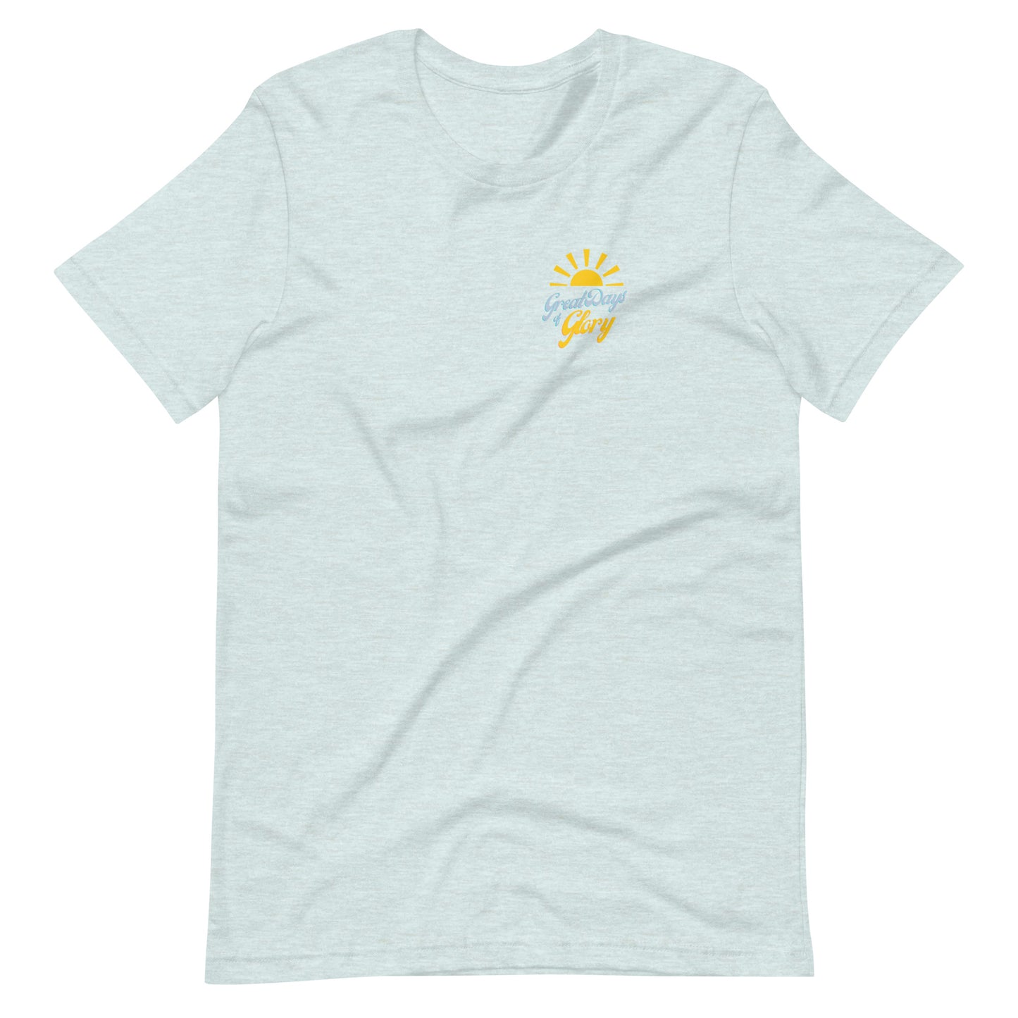 Heather Prism Ice Blue Morning Glory t-shirt with small sun logo front and large flower graphic back