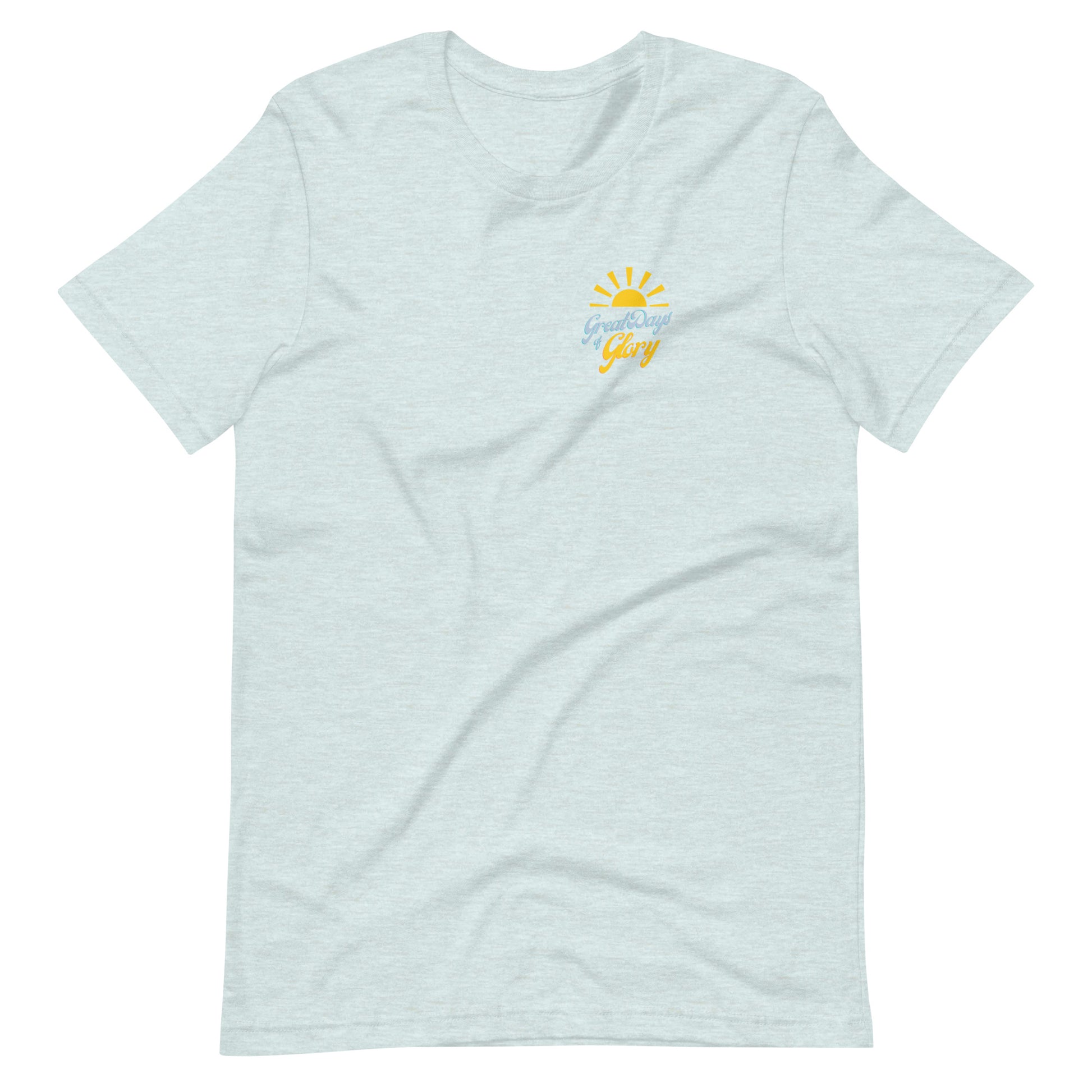 Heather Prism Ice Blue Morning Glory t-shirt with small sun logo front and large flower graphic back