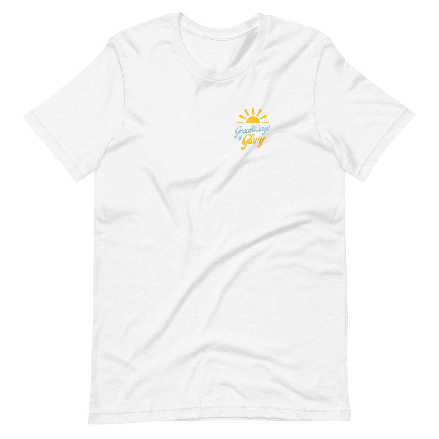 Solid White Blend Morning Glory t-shirt with small sun logo front and large flower graphic back