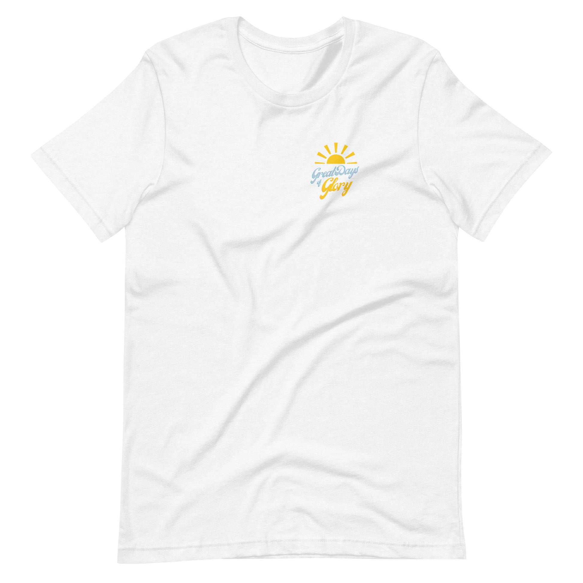 Solid White Blend Morning Glory t-shirt with small sun logo front and large flower graphic back