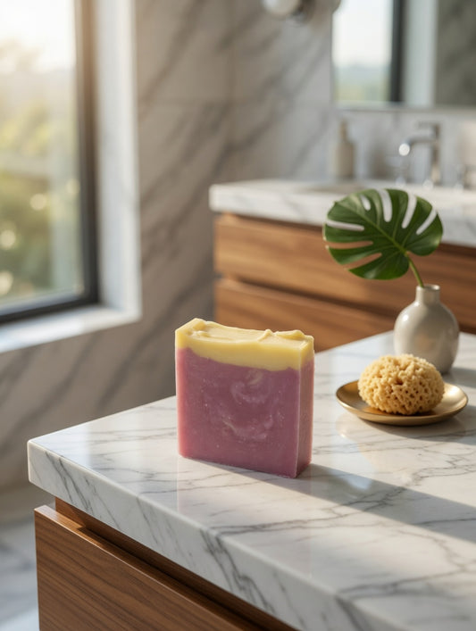 Pink and yellow Hibiscus Honey Morning Glory soap bar on a white marble counter with a natural sea sponge