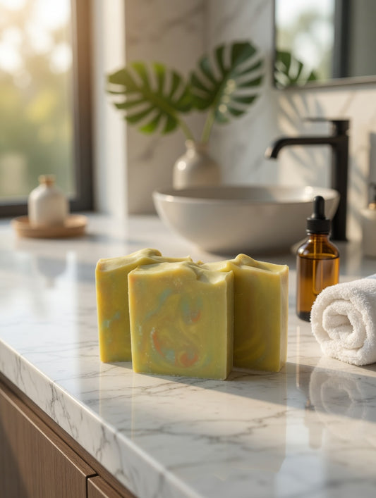 Bright yellow and green marbled Juicy Pear soap bars on a sunlit marble counter in a modern bathroom