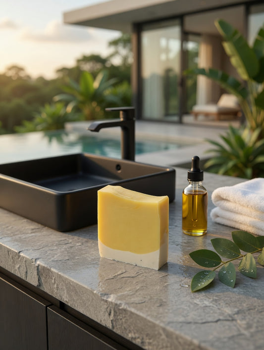 Bright yellow and cream Lemon Poppy Seed soap bar on a grey stone counter by an outdoor luxury pool