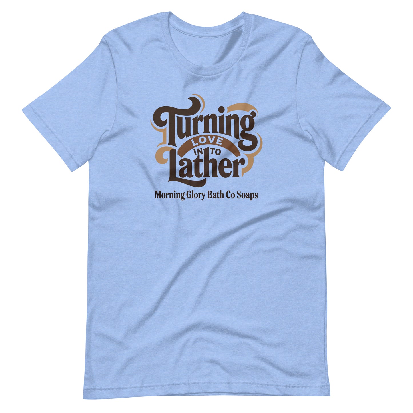 Heather Carolina Blue t-shirt with retro 'Turning Love Into Lather' brown and tan logo