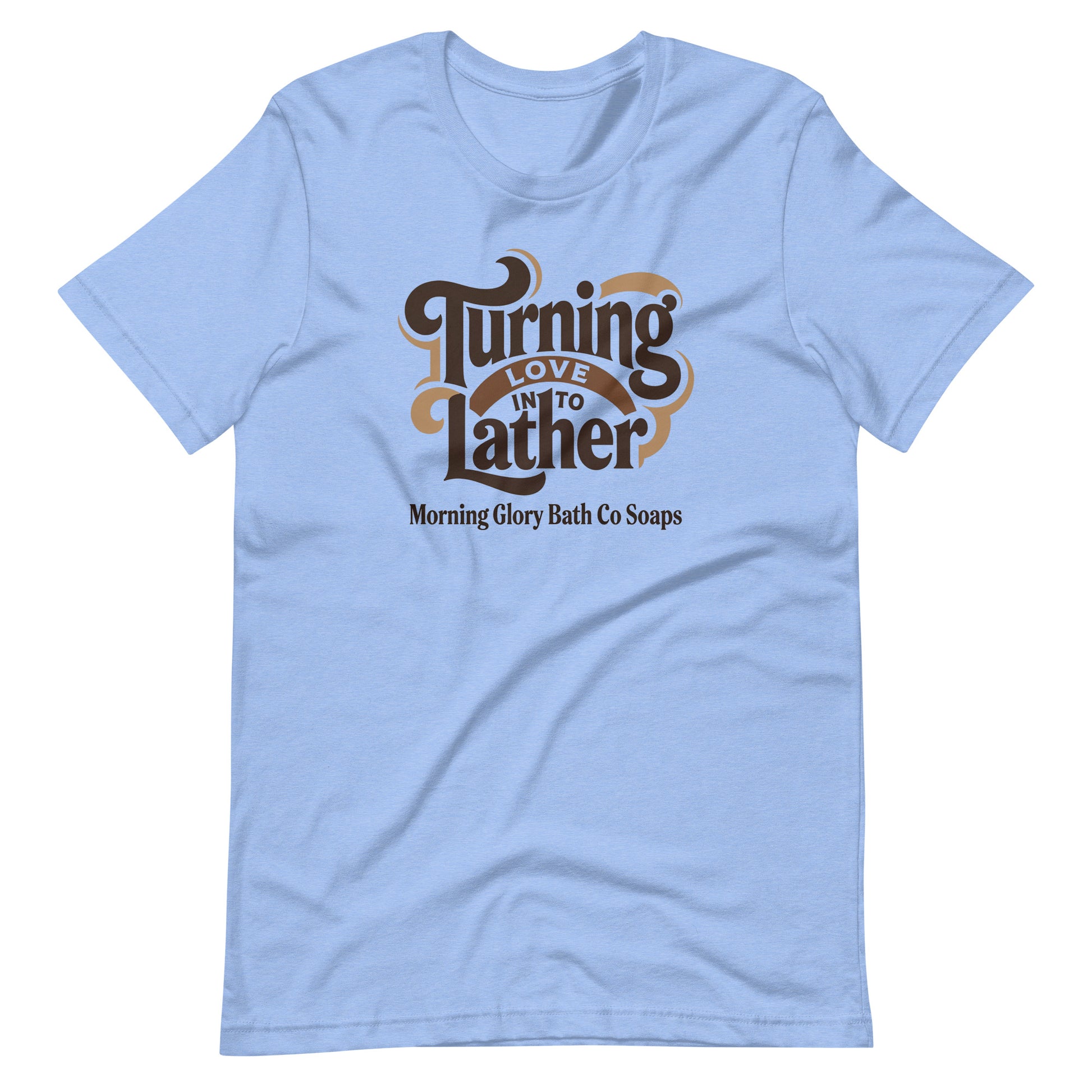 Heather Carolina Blue t-shirt with retro 'Turning Love Into Lather' brown and tan logo