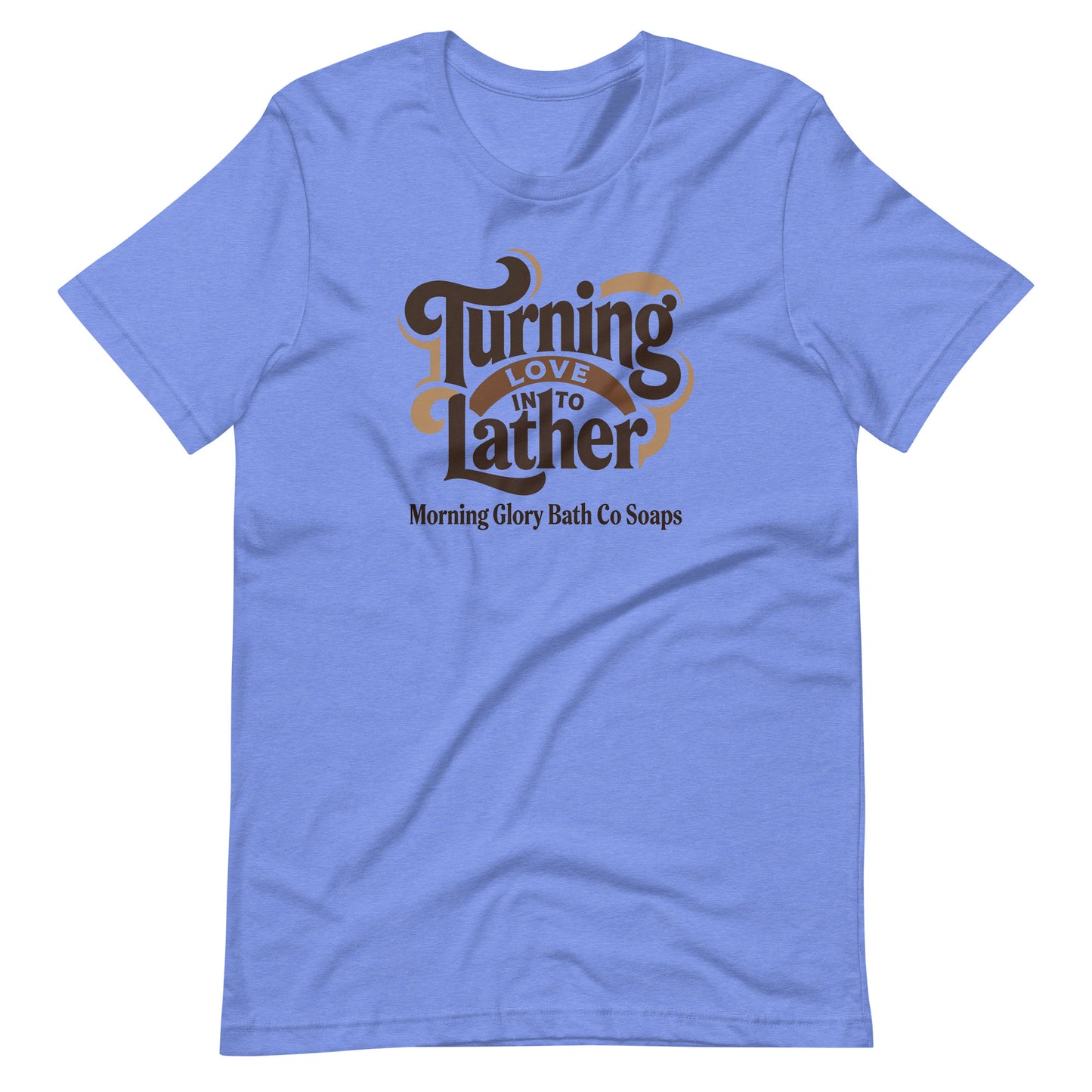Heather Columbia Blue t-shirt with retro 'Turning Love Into Lather' brown and tan logo