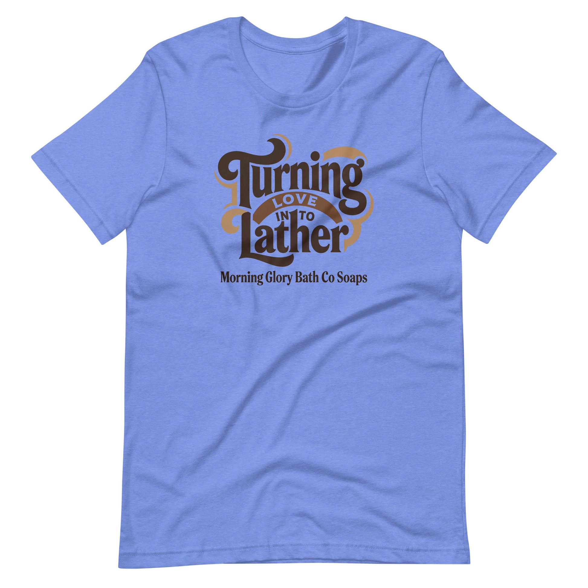Heather Columbia Blue t-shirt with retro 'Turning Love Into Lather' brown and tan logo