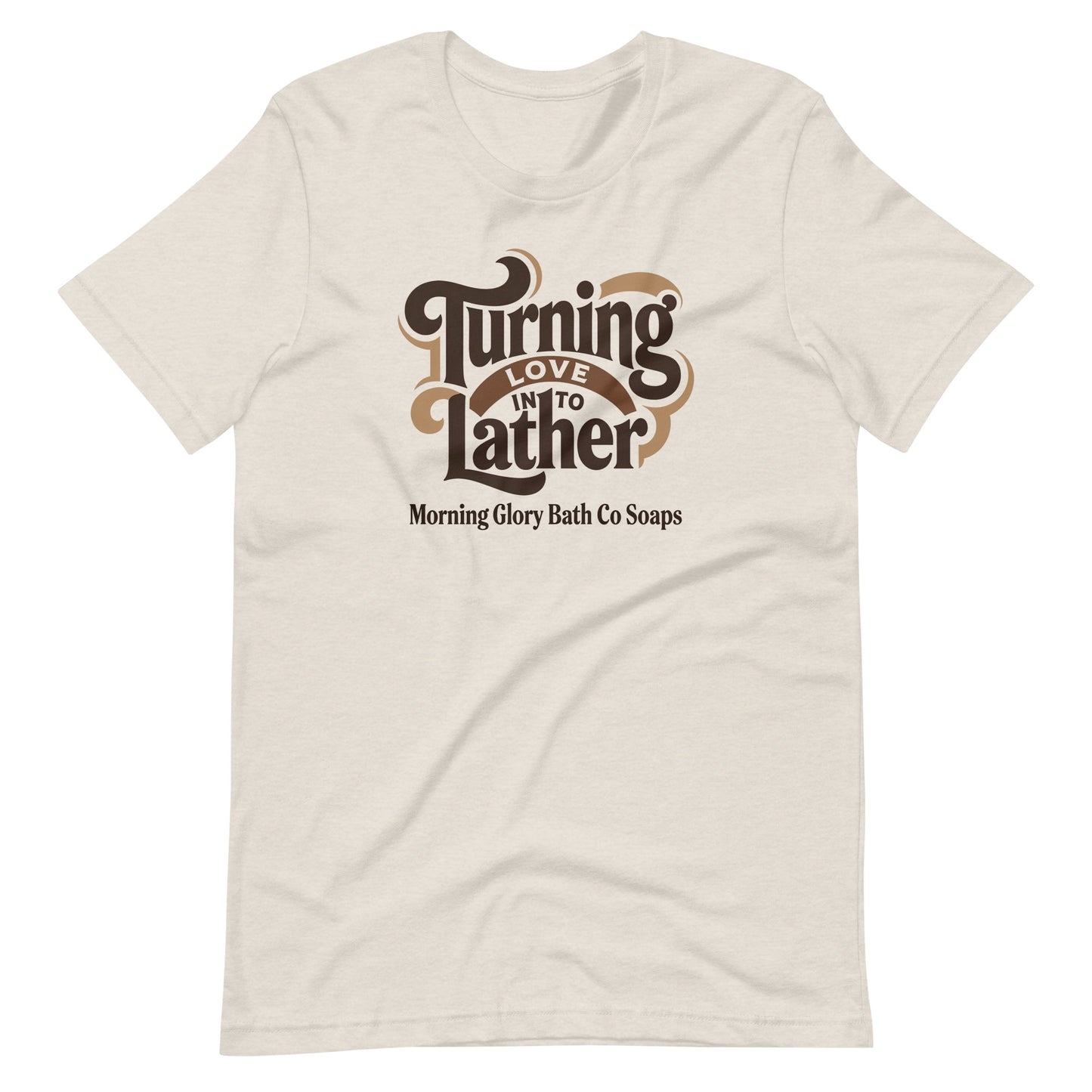 Heather Dust t-shirt with retro 'Turning Love Into Lather' brown and tan logo
