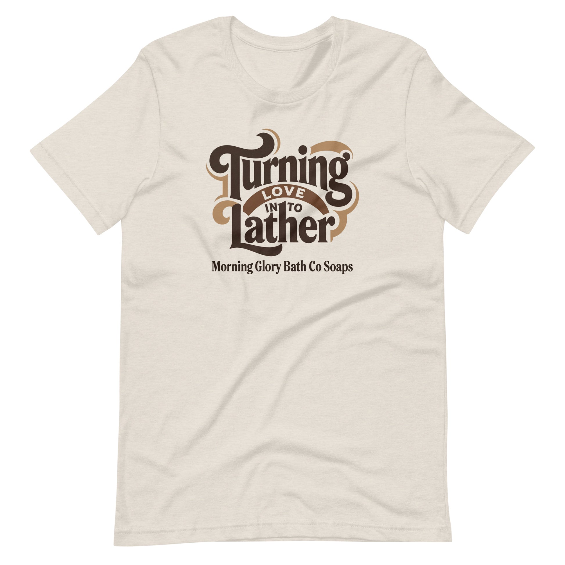 Heather Dust t-shirt with retro 'Turning Love Into Lather' brown and tan logo
