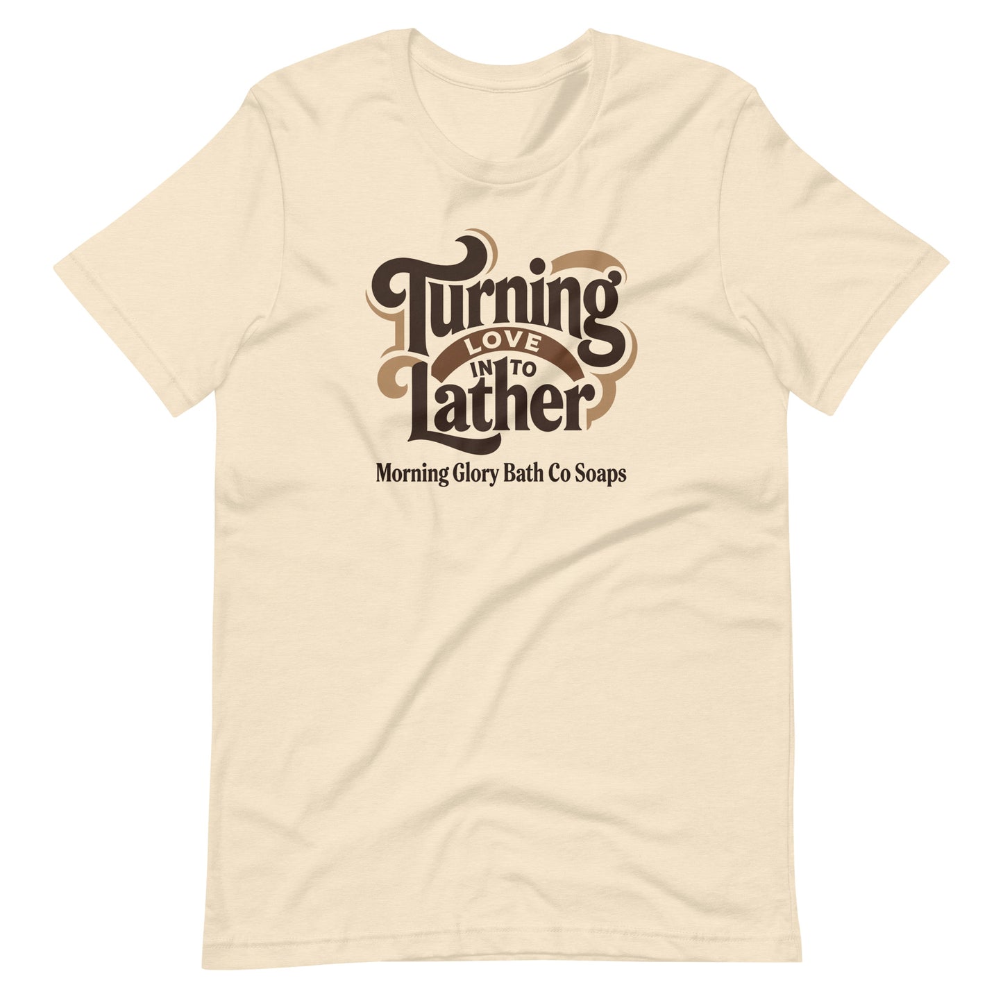 Heather Natural t-shirt with retro 'Turning Love Into Lather' brown and tan logo