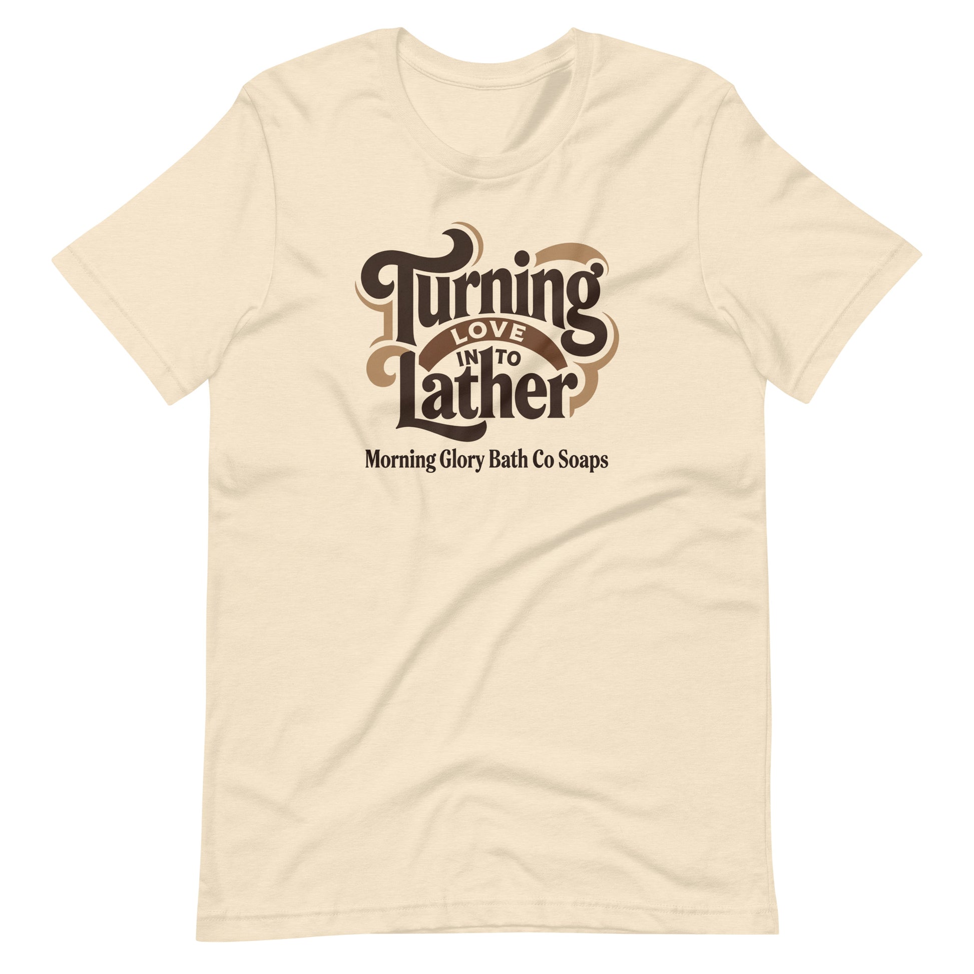 Heather Natural t-shirt with retro 'Turning Love Into Lather' brown and tan logo