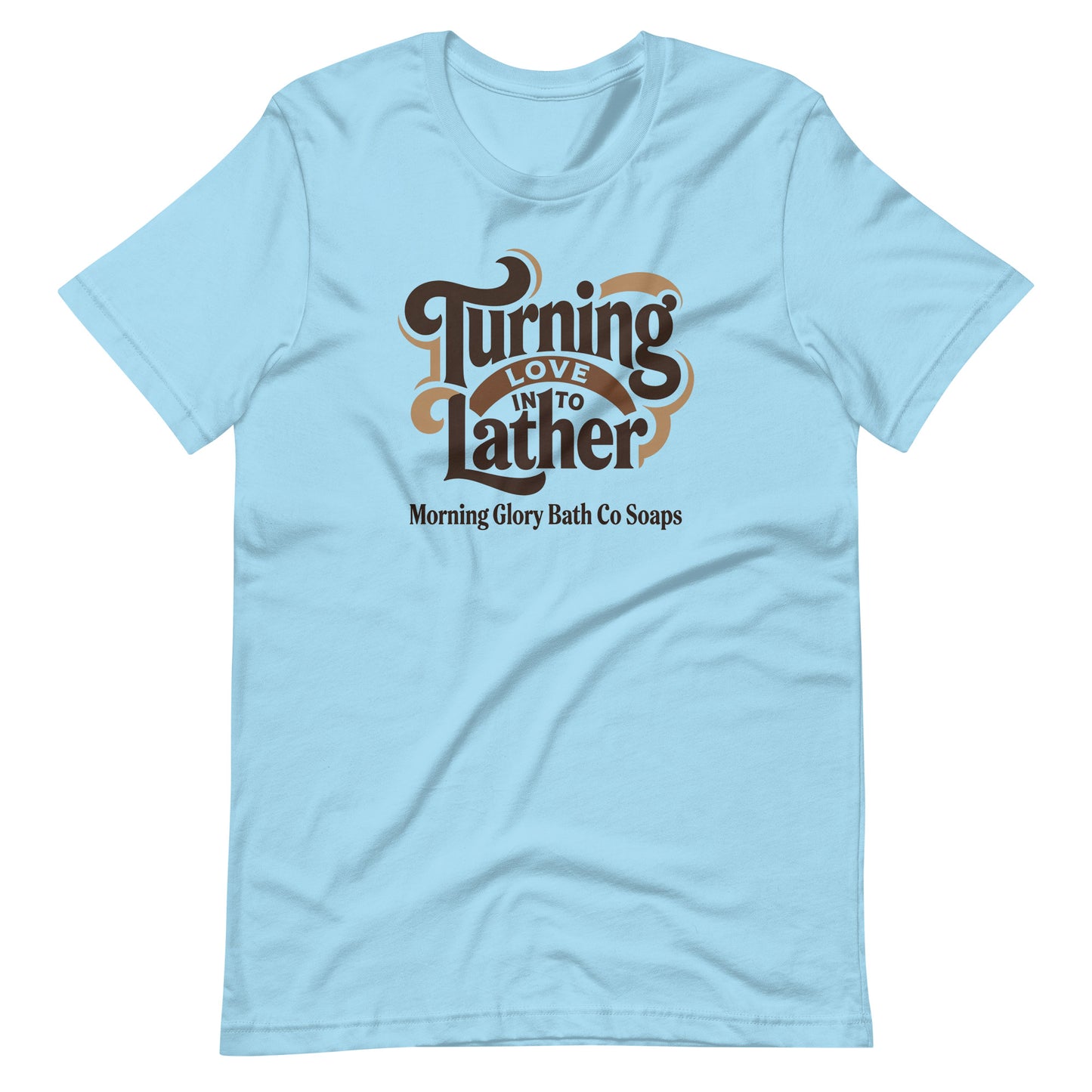 Ocean Blue t-shirt with retro 'Turning Love Into Lather' brown and tan logo