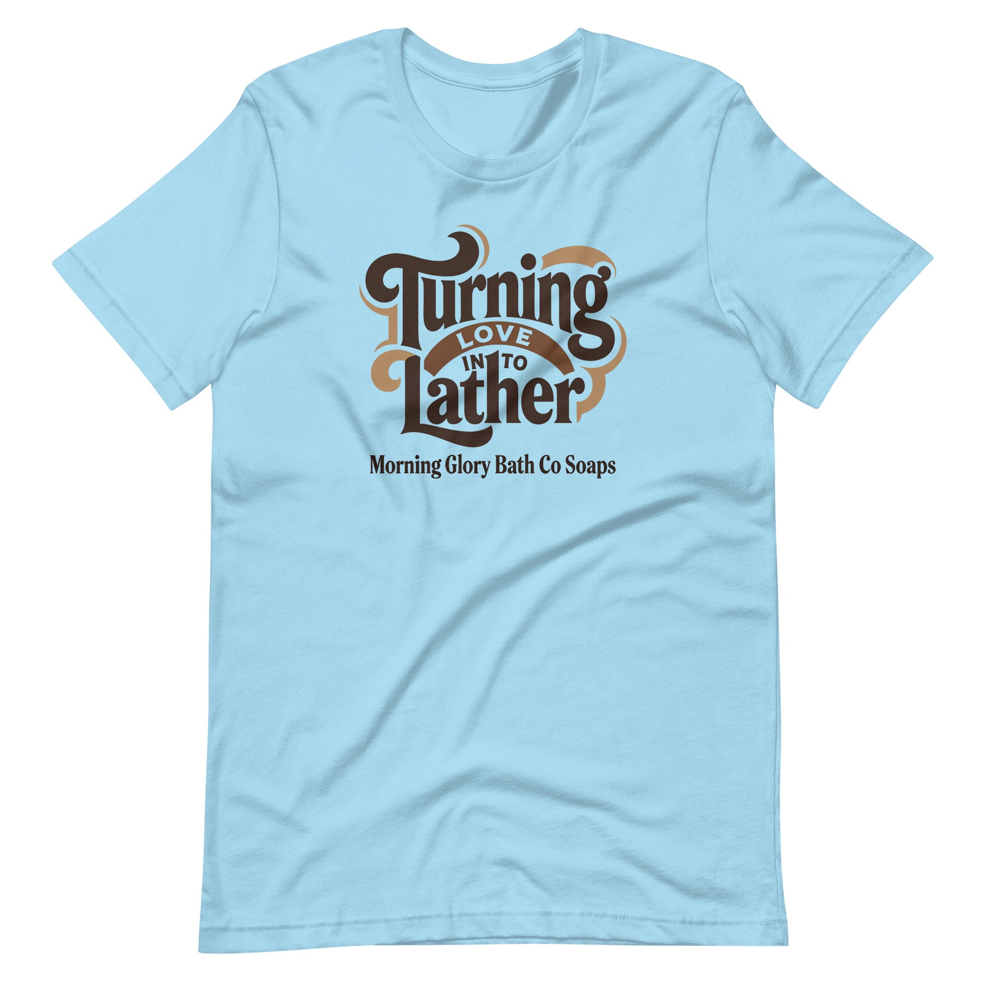 Ocean Blue t-shirt with retro 'Turning Love Into Lather' brown and tan logo
