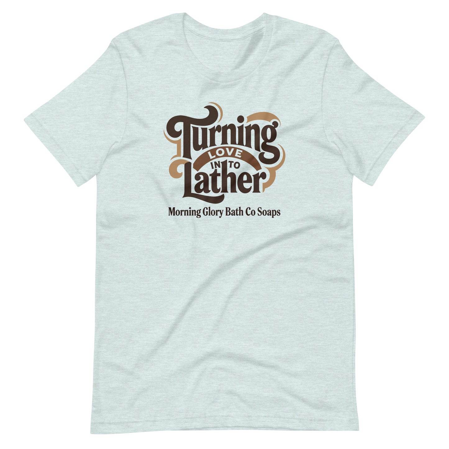 Heather Prism Ice Blue t-shirt with retro 'Turning Love Into Lather' brown and tan logo