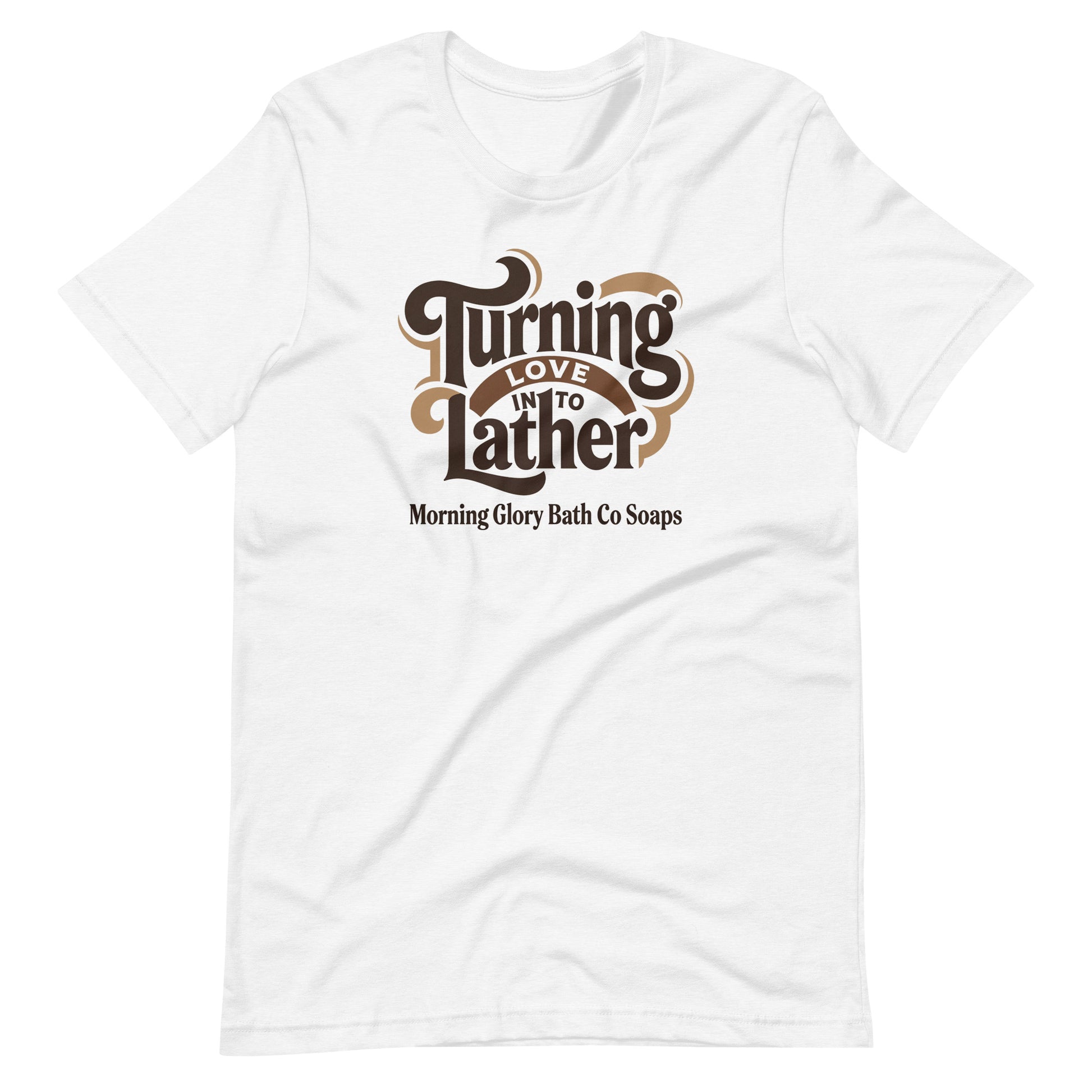 Solid White Blend t-shirt with retro 'Turning Love Into Lather' brown and tan logo