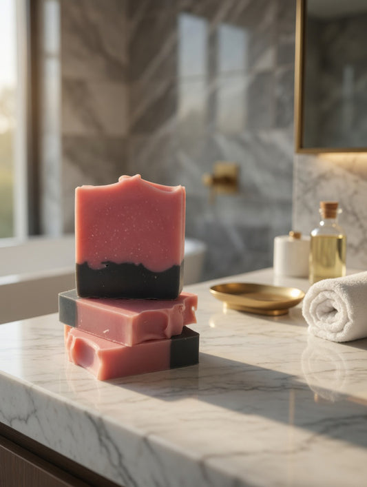Stacked Magnolia & Blackberry soap bars with deep pink and charcoal grey layers on a sunlit marble counter