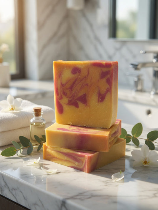 Stacked yellow and orange Marigold & Melon cold process soap bars on a marble counter with white flowers
