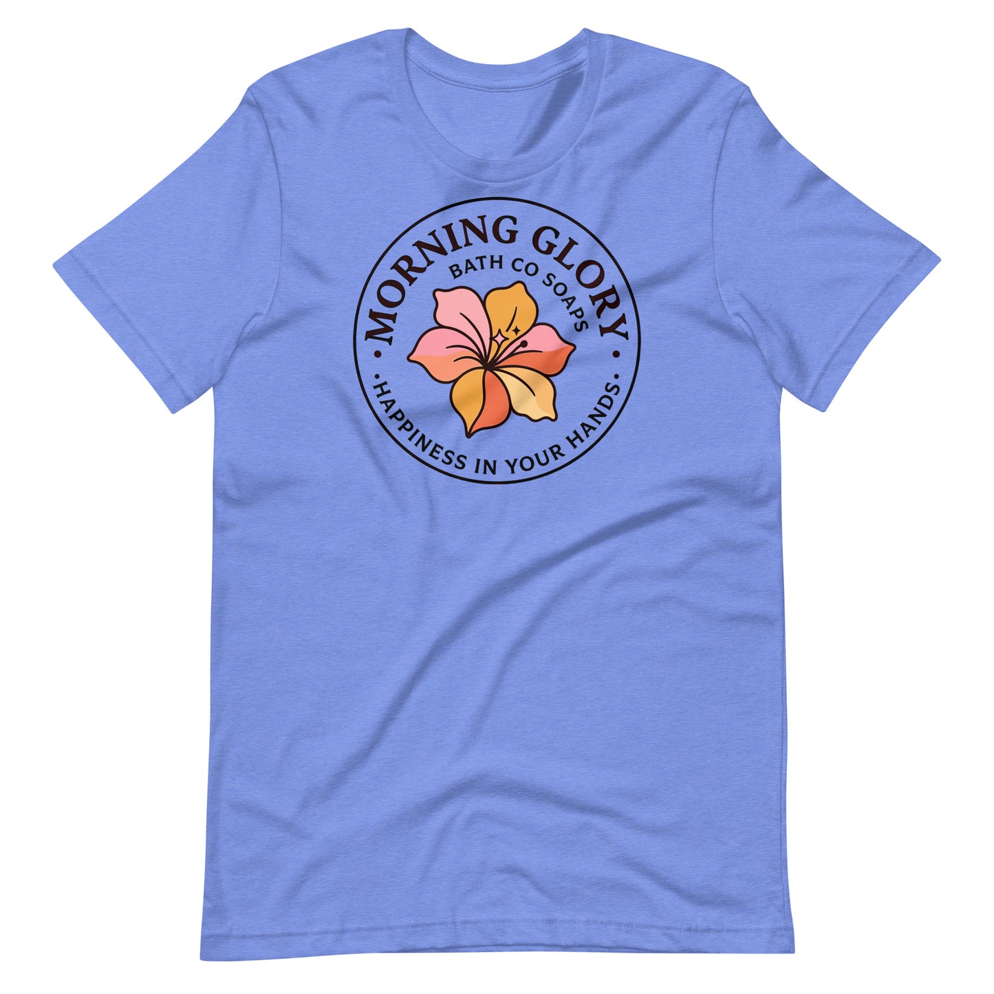 A heather Columbia blue Morning Glory Bath Co t-shirt featuring the circular 'Happiness in Your Hands' floral logo against a plain white background