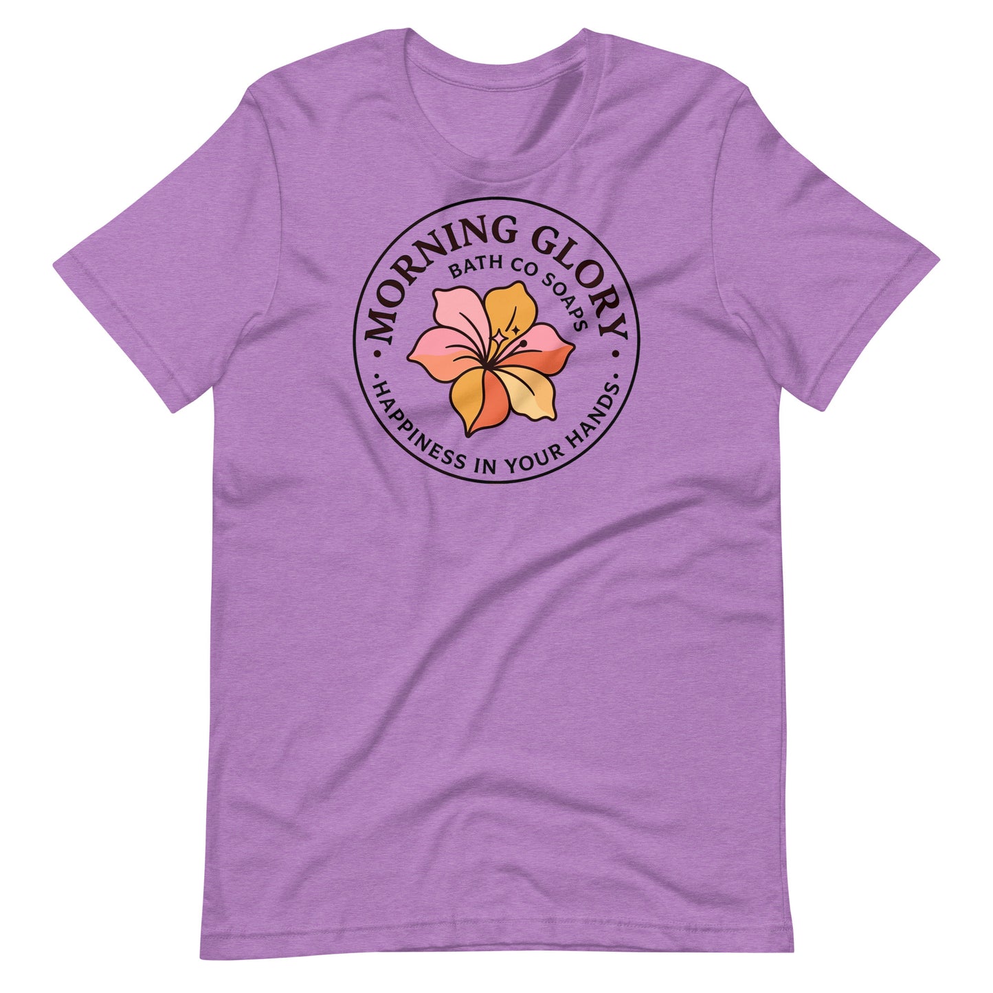 A team purple orchid Morning Glory Bath Co t-shirt featuring the circular 'Happiness in Your Hands' floral logo against a plain white background