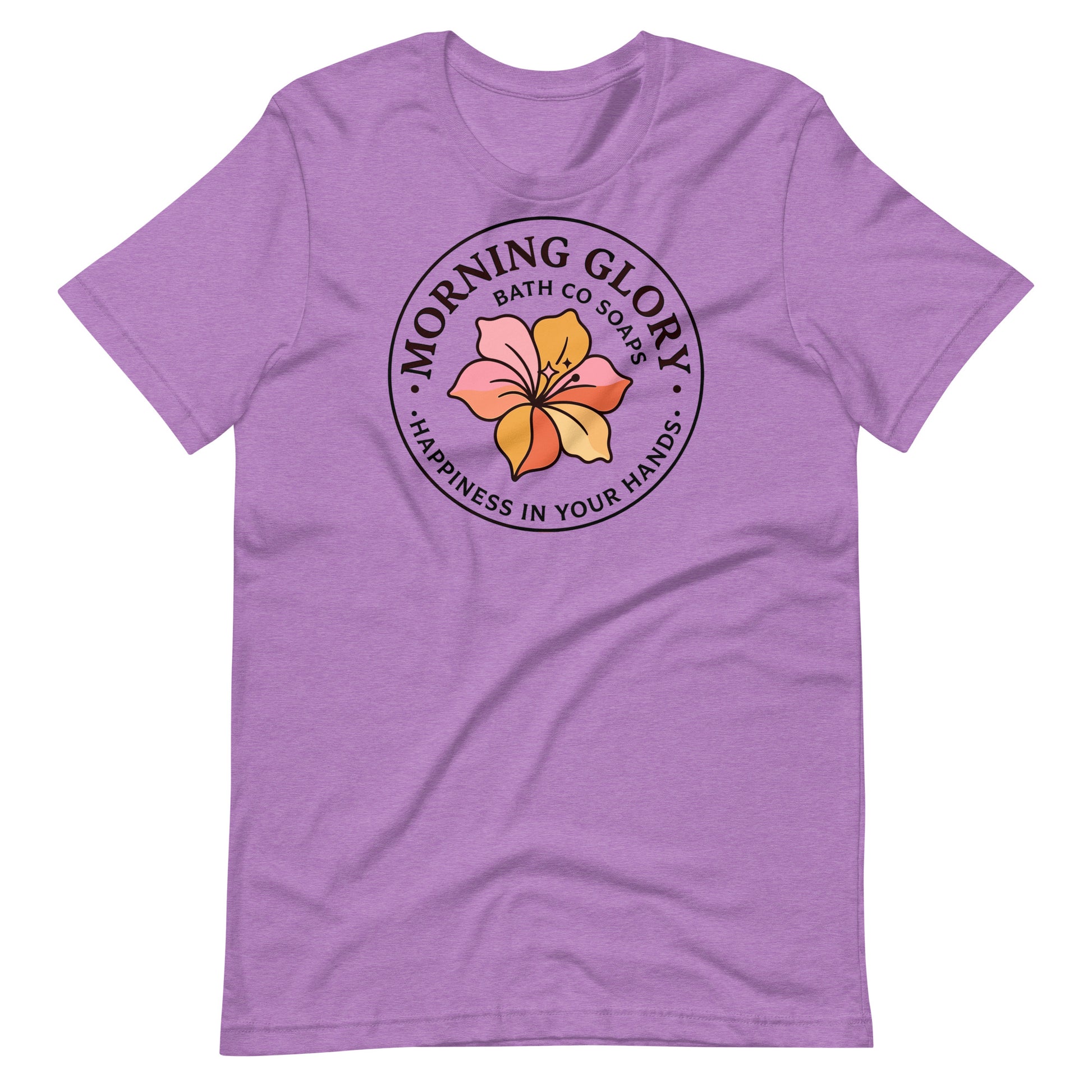 A team purple orchid Morning Glory Bath Co t-shirt featuring the circular 'Happiness in Your Hands' floral logo against a plain white background
