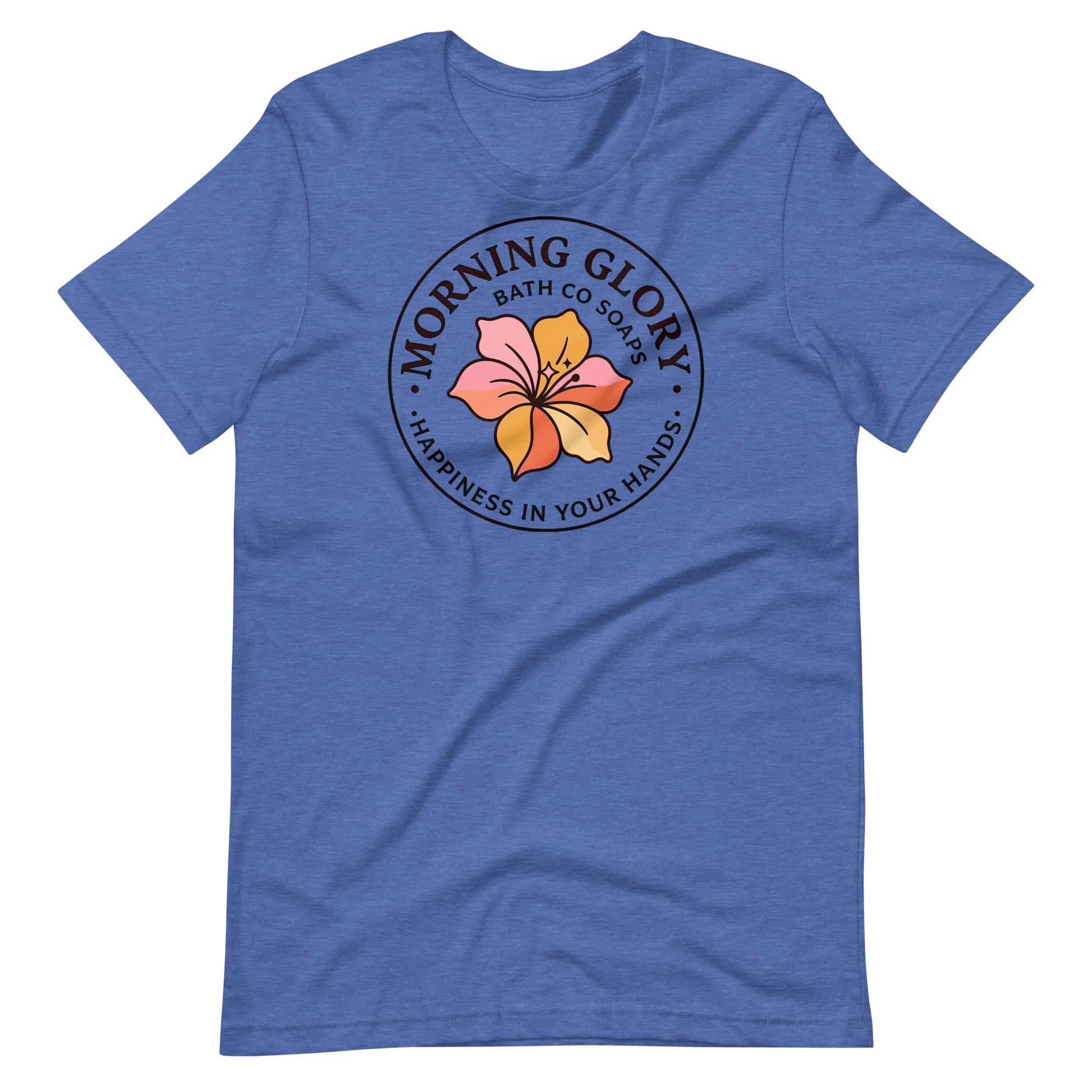 A heather true royal Morning Glory Bath Co t-shirt featuring the circular 'Happiness in Your Hands' floral logo against a plain white background